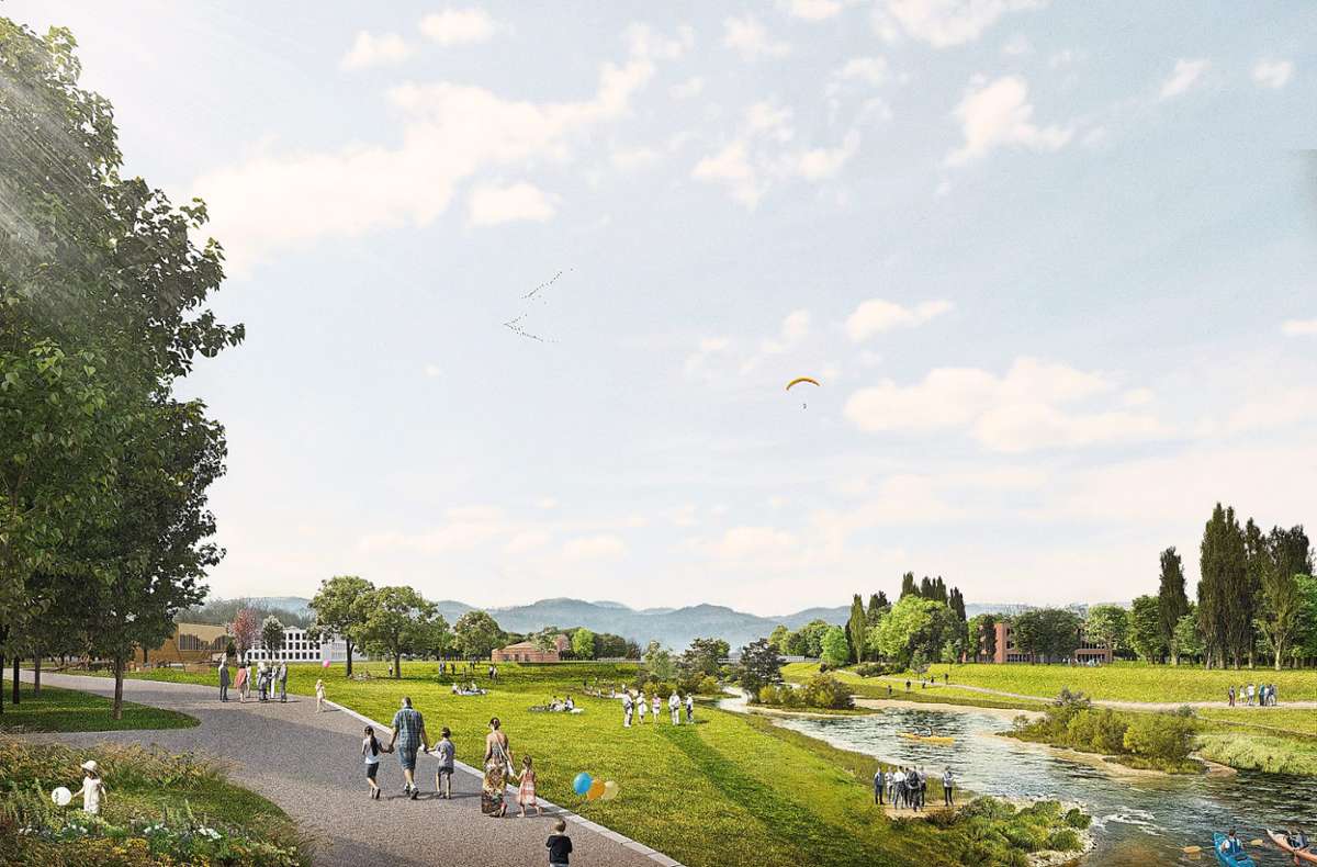 So könnte die Kinzig künftig aussehen: Die Renaturierung des Flusses im Stadtgebiet ist ein Kernelement der Landesgartenschau 2032..Visualisierung: Filon/Helleckes