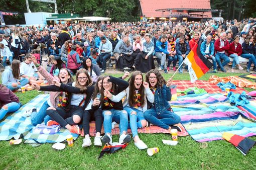 Fußball-Fans im Wechselbad der Gefühle: In Loßburg bevölkerten die Zuschauer den Waldfestplatz, ausgestattet mit Picknick-Decken und Flaggen. Foto: Schwark