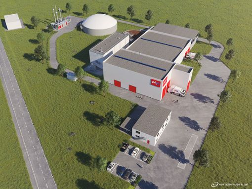 So ähnlich wie die derzeit in Bau befindliche Bioabfallvergärungsanlage der MVV in Bernburg/Saale in Sachsen-Anhalt könnte auch die  Anlage in Meßstetten einmal aussehen. (Grafik) Foto: MVV/Thöni
