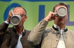 Mass  und Mitte: Friedrich Merz und Markus Söder beim Wahlkampf in Gillamoos. Foto: dpa/Sven Hoppe