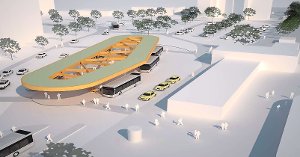 So stellen sich die Planer den  neuen Zentralen Busbahnhof vor, der auf dem bisherigen Parkplatz beim Bahnhofsgebäude (rechts im Bild) gebaut werden soll. Foto: Büro GJL