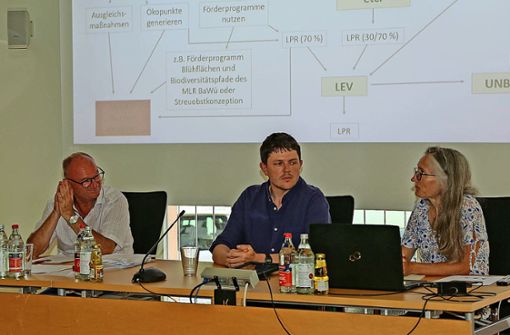 Erläuterten die Biotop-Verbundplanung (von links): Bürgermeister Dietmar Benz, Jan Philipp Hesemann vom LEV und Susanne Miethaner von „Faktorgrün“. Foto: Decoux