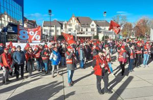 Acht Prozent mehr Lohn fordern die Teilnehmer der Kundgebung auf dem Platz vor der Neuen Tonhalle in Villingen. Foto: Reutter