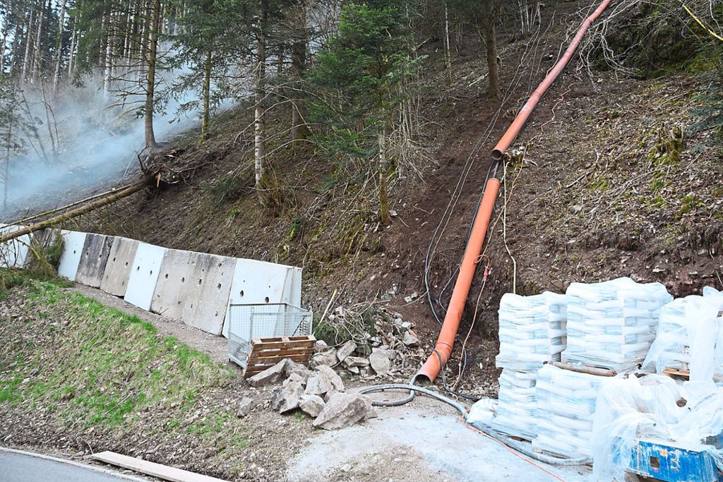Die Prallschutzwand steht, die Sicherungsarbeiten der Fachfirma in den Bereichen im Erdlinsbach, die bereits im Zuge des Felssturzes begutachtet wurden, laufen.Foto: Sum