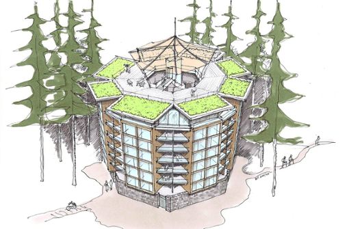 Wie auf dieser Skizze könnte das geplante Baumwipfelhotel auf dem Bad Wildbader Sommerberg aussehen. Foto: Scheidtweiler