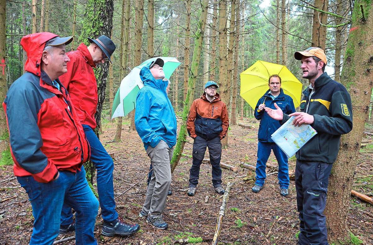 Förster Matthias Berger (rechts) erläuterte den Teilnehmern der Waldbegehung viel Wissenswertes über den Wald allgemein und über den Bad Dürrheimer Stadtwald. Foto: Kaletta