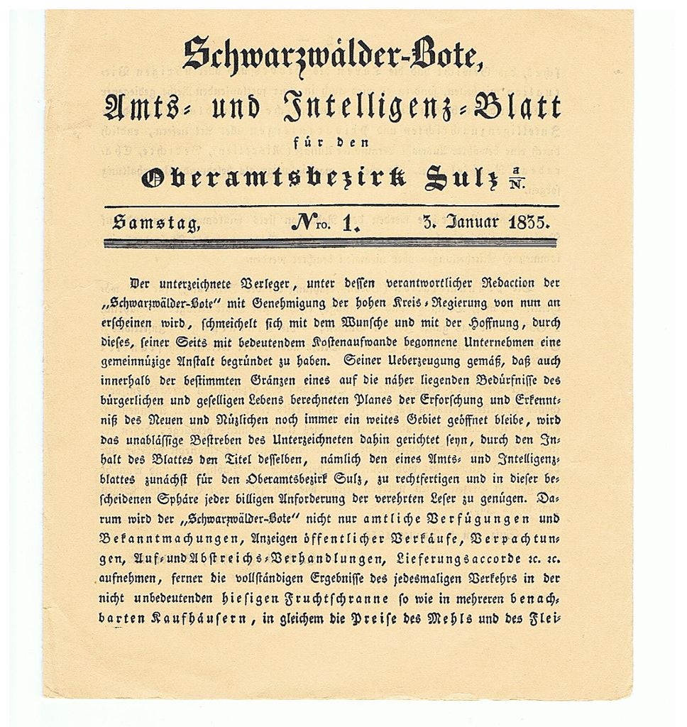 Die Erstausgabe des Schwarzwälder Boten datiert vom 3. Januar 1835. Foto: Archiv