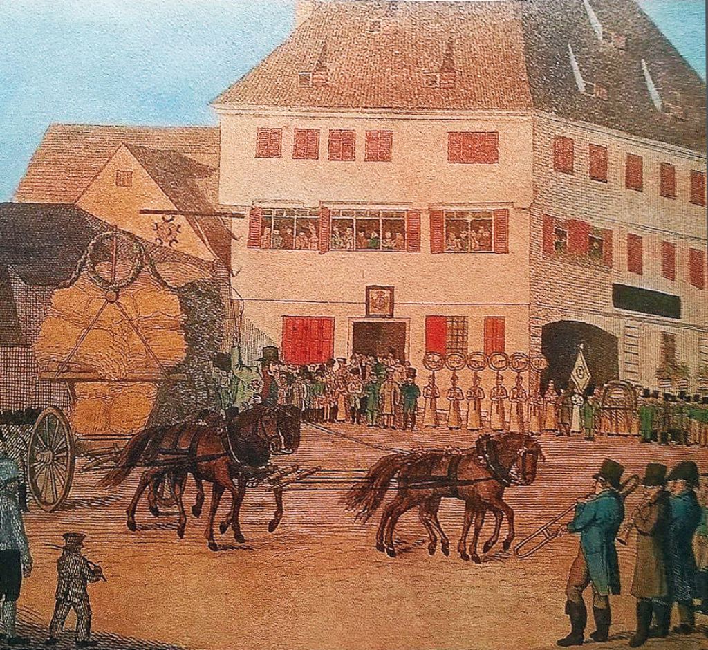 Erntewagen vor der Alten Post bei der Feier zum Ernte-Anfang im August 1817.                              