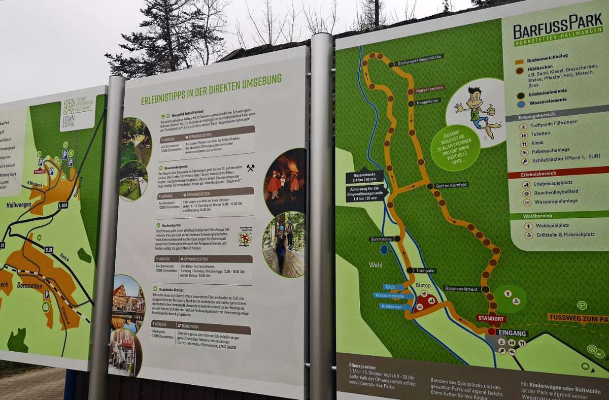 Die neuen Schilder am Barfußpark bieten Orientierung und auch Tipps für weitere Aktivitäten nach dem Parkbesuch. Foto: Stadt Dornstetten