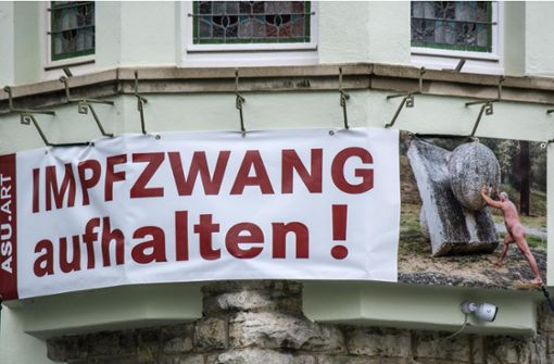 Dieter Albrecht hat sein Haus im Stadtgraben mit Protestplakaten versehen – mit nacktem Kunst-Einschlag. Foto: Albrecht
