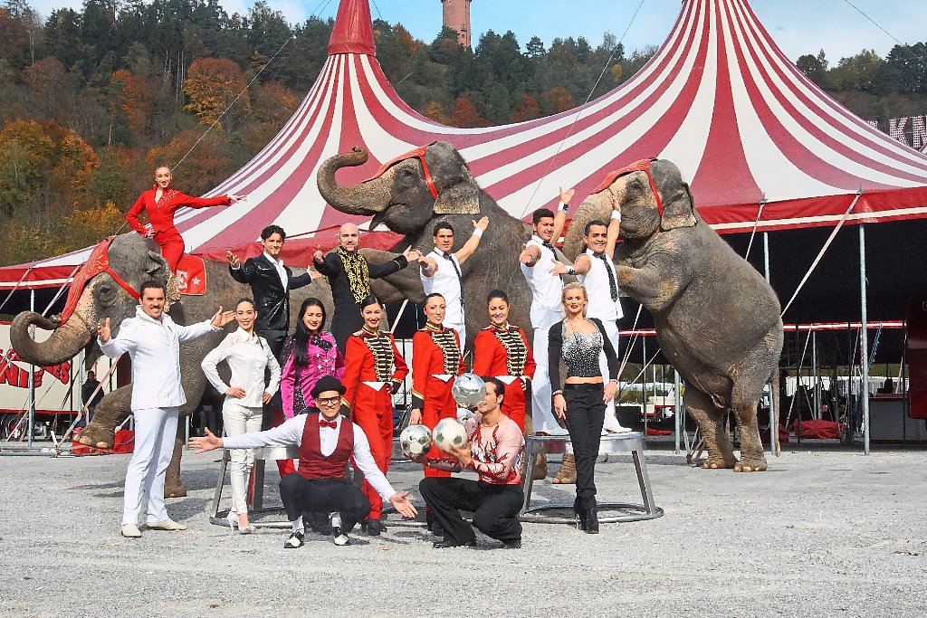 Tierquälerei oder nicht? Am Mittwoch stelllte sich der Circus Charles Knie  auf dem Horber Festplatz zu einem Pressebild auf – inklusive Elefanten-Einlage. Ein Bild, das sicherlich die Meinung spalten wird.  Foto: Lück