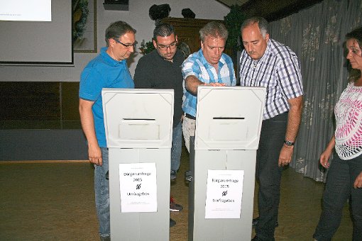 Harald Uhl (rechts) und Thomas Haug (Zweiter von rechts) prüfen die Wahlurnen, in die die Grosselfinger bis 11. September ihre Fragebögen werfen können. Foto: Midinet Foto: Schwarzwälder-Bote
