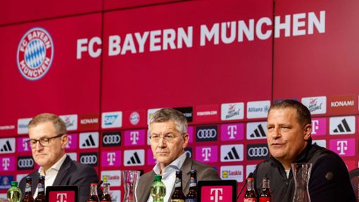 Von links: Bayern-Boss Jan-Christian Dreesen, Präsident Herbert Hainer und der neue Sportdirektor Max Eberl Foto: AFP/ALEXANDRA BEIER