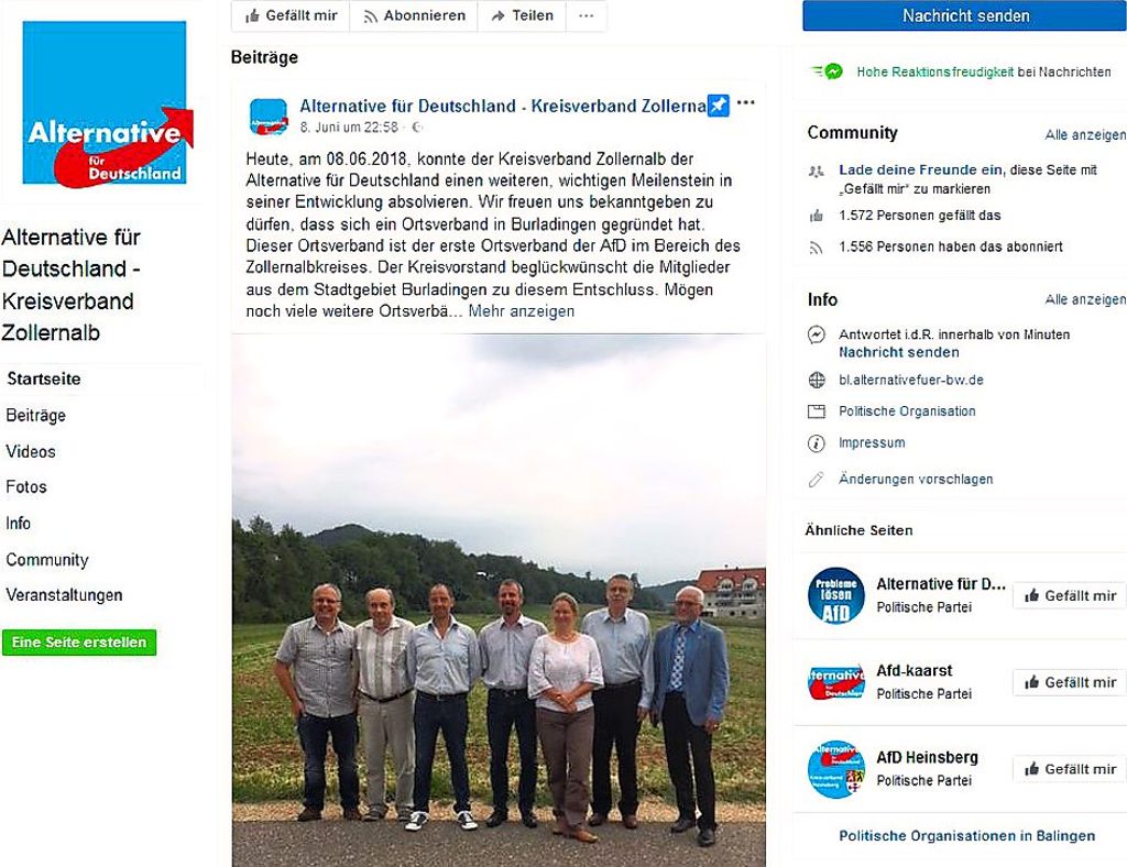 Im Sozialen Netzwerk Facebook gibt der Kreisverband Zollernalb der AfD die Gründung des Ortsverbandes Burladingen bekannt. Stellung nehmen wollte sein Sprecher Joachim Steyer dazu allerdings nicht, es gab bislang auch keine Pressemitteilung.