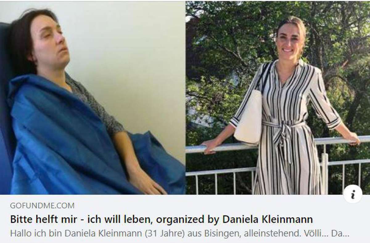 In den sozialen Medien wird Daniela Kleinmanns Aufruf bereits geteilt. Die Bilder zeigen sie vor und nach ihrer Krankheit. Foto: Screenshot/Gofundme