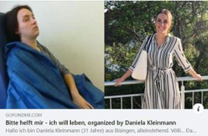 In den sozialen Medien wird Daniela Kleinmanns Aufruf bereits geteilt. Die Bilder zeigen sie vor und nach ihrer Krankheit. Foto: Screenshot/Gofundme