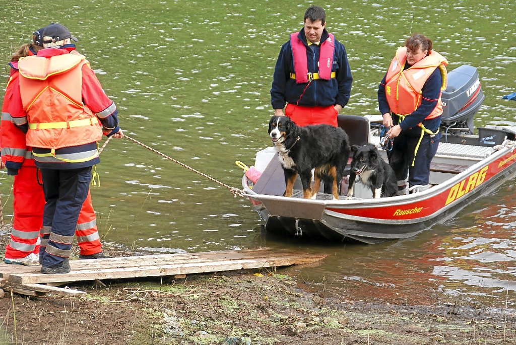Eine Fahrt mit dem DLRG-Rettungsboot sollte die Rettungshunde bei der landeweiten Übung der Malteser Hilfsdienste auf einen Einsatz in Hochwassergebieten vorbereiten. Foto: Sannert