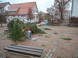 Unbekannte haben in der Vöhringer Ortsmitte den Christbaum vor der Kirche umgesägt.  Foto: Robin Heidepriem Foto: Schwarzwälder Bote