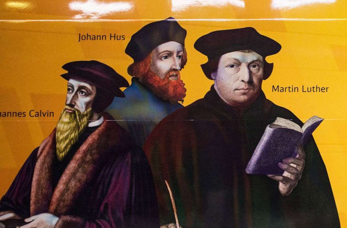 Väter der Reformation: Johannes Calvin, Johannes Hus und  Martin Luther. Foto: d/a