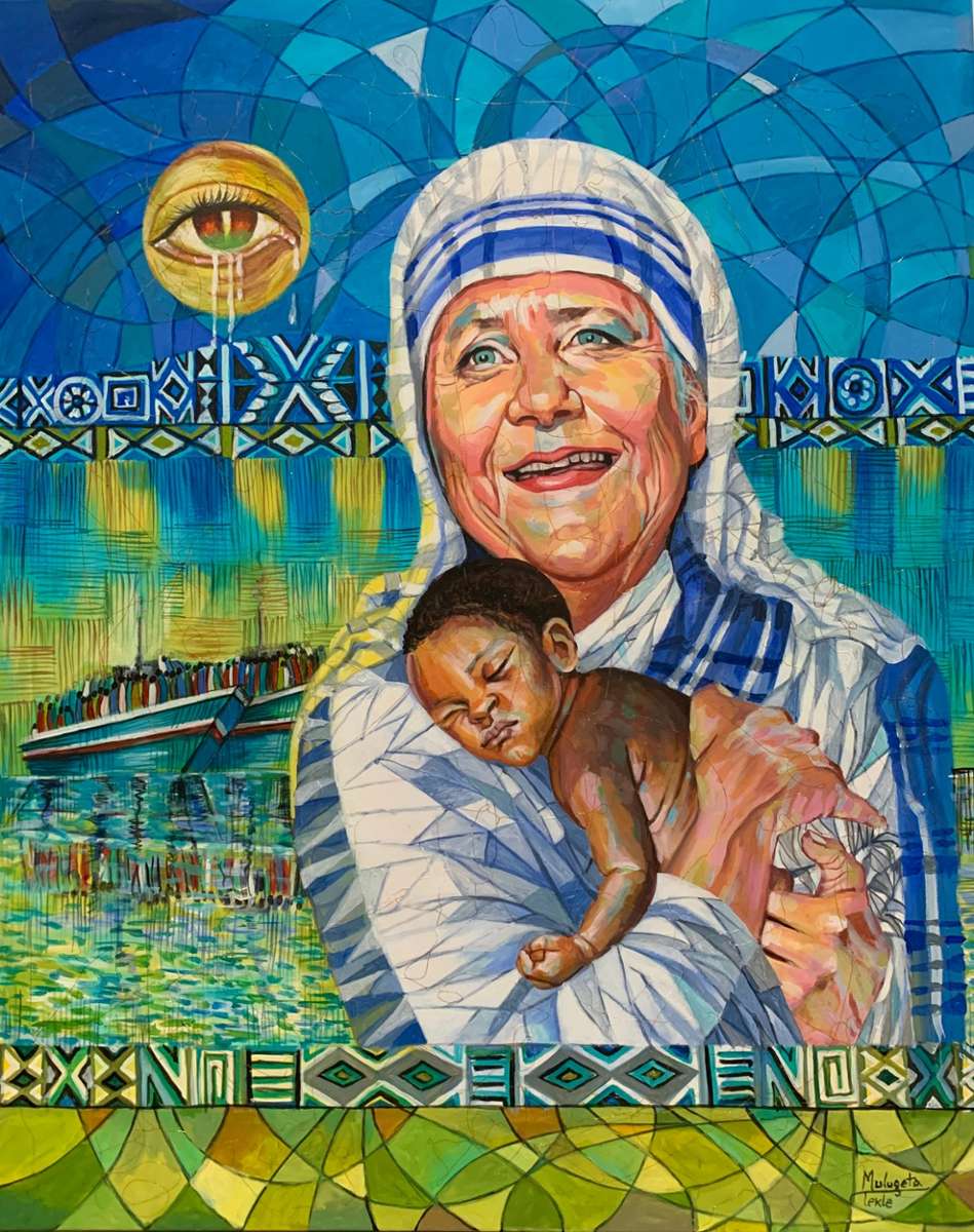 Das Kunstwerk zeigt Angela Merkel als Mutter Teresa.