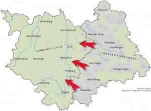 Vereine aus dem Kreis Böblingen „flüchten“ in den neuen Bezirk Nordschwarzwald. Foto: Klemm/Kartendaten: Mapcreator.io/OSM.org