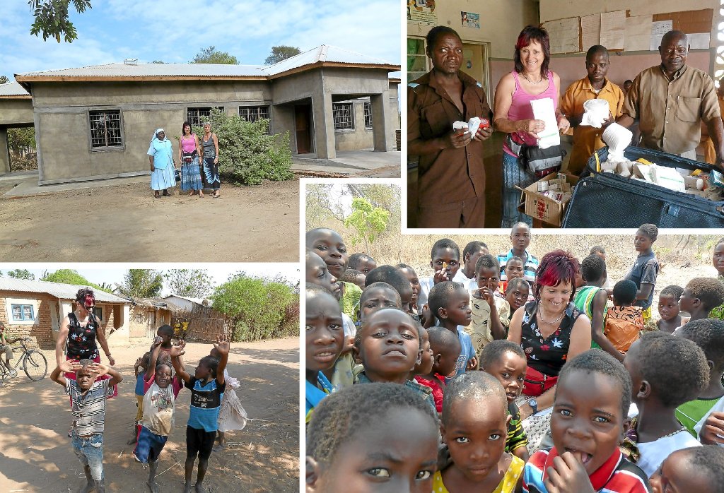 Michaela Bek aus Schönwald war im Sommer mit ihrer Schwester Annette Kirchenbauer (oben links) im afrikanischen Saat Malawi und besuchte das Missionskrankenaus in Kapiri. Über Verbandsmaterial (oben rechts) freuen sich die Menschen in Kapiri und die Schüler (unten) über eine Spende für Essen.