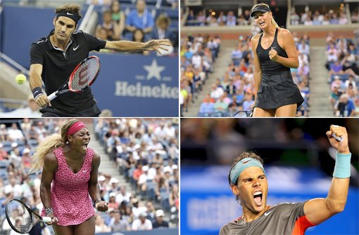 Von links oben im Uhrzeigersinn: Roger Federer, Maria Scharapowa, Rafael Nadal und Serena Williams gehören alle zu den Topverdienern im Tennis im laufenden Jahr. In unserer Fotostrecke stellen wir die Top Ten der Geldrangliste im Tennis vor. Foto: dpa/Getty/SIR-Montage