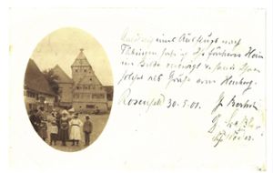 Auf dieser Postkarte vom 30. Mai 1901 steht: Anlässlich eines Ausfluges nach Täbingen habe ich Ihr früheres Heim im Bilde verewigt und sende Ihnen solches als Gruß vom Heuberg. Foto: Fischer