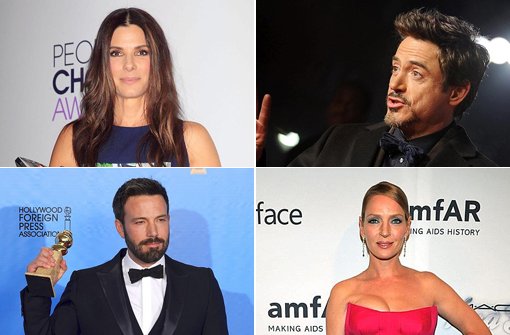 Von links oben im Uhrzeigersinn: Sandra Bullock, Robert Downey Jr., Uma Thurman, Ben Affleck. In unserer Fotostrecke zeigen wir die Hollywood-Stars, die bei den Golden Globes als Helfer fungieren - klicken Sie sich durch! Foto: dpa/SIR-Montage