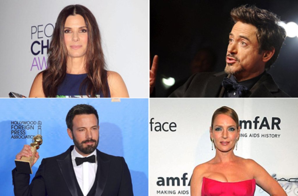 Von links oben im Uhrzeigersinn: Sandra Bullock, Robert Downey Jr., Uma Thurman, Ben Affleck. In unserer Fotostrecke zeigen wir die Hollywood-Stars, die bei den Golden Globes als Helfer fungieren - klicken Sie sich durch!