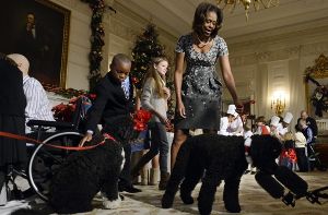 Auch die First Dogs Sunny (rechts) und Bo (links) waren dabei, als First Lady Michelle Obama das weihnachtlich geschmückte Weiße Haus präsentierte. Foto: dpa