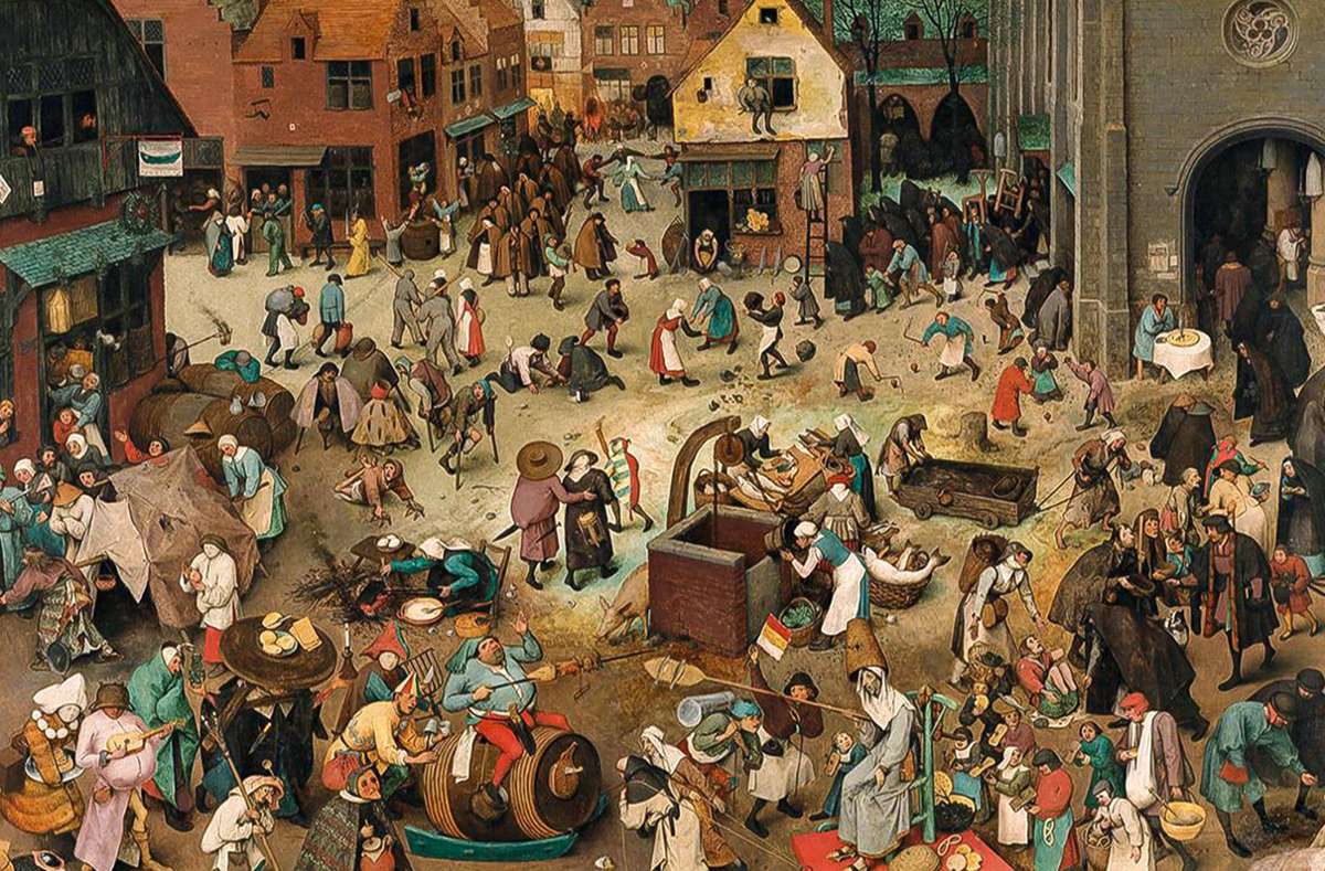 Pieter Bruegel: Kampf zwischen Fastnacht und Fasten ist ein Gemälde, das ebenfalls digital im Narrenschopf aufgearbeitet wurde. Screenshot: virtuelles-fastnachtsmuseum.de