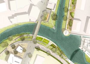 Neue Brücke, breitere Eyach, Uferweg: So soll der Bereich nahe dem Zollernschloss im Zuge der Gartenschau im Jahr 2023 umgestaltet werden.  Foto: Büro Lohrer.Hochrein