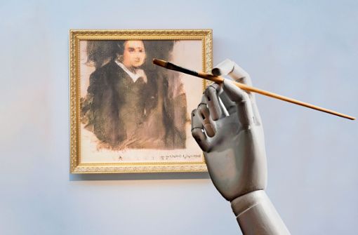 Bei diesem Gemälde war kein menschlicher Künstler  am Werk: Das goldumrandete Porträt Edmond de Belamy hat ein Computer-Algorithmus erstellt. Foto: dpa/Montage: Ruckaberle