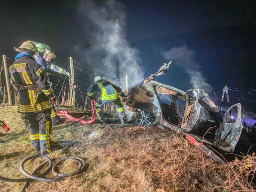 Das Fahrzeug brannte komplett aus, die Feuerwehr musste dass Wrack per Seilwinde aus dem Weinberg ziehen. Foto: Kornmeier/Einsatz-Report 24