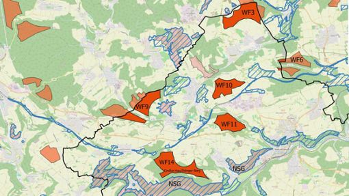Diese vom Nabu Horb erstellte Karte zeigt die möglichen Windkraft-Standorte als rote Felder. WF 14 ist beispielsweise der Große Hau. Foto: Nabu Horb