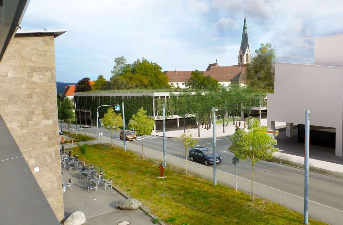Die Visualisierung zeigt den derzeitigen Stand der Überlegungen des geplanten Parkhauses (Mitte). Grafik: Stadt Rottweil