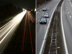 Autos fahren auf der Bundesstraße 27 nahe Engstlatt – links nachts, rechts am Tag. Auf dem Abschnitt zwischen Balingen-Nord und Bisingen-Steinhofen gelten künftig je nach Uhrzeit unterschiedliche Geschwindigkeitsbegrenzungen.   Foto: Maier