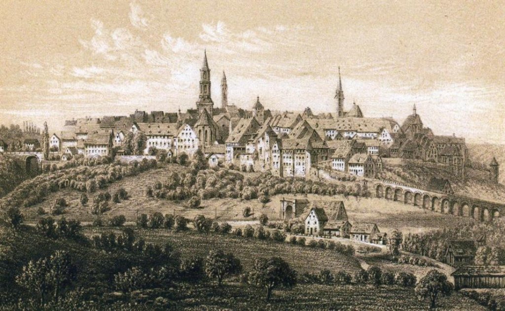 Ein Bild von 1872 zeigt, dass die Hänge zum Neckar hinunter früher offen und mit Obstbäumen besetzt waren.