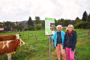 Die Initiatorinnen Ingrid Siegl und Ulrike Wiedmann freuen sich auf die Eröffnung des Rötenberger Klimawanderwegs – hier an der Station Ernährung. Foto: Wegner