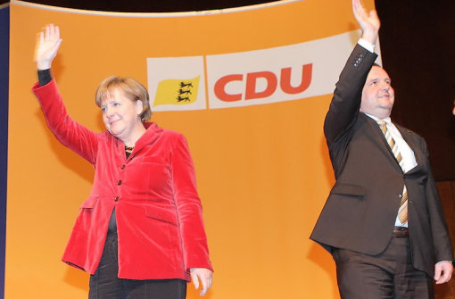 Angela Merkel und Stefan Mappus in der Stuttgarter Liederhalle. Foto: Vogt
