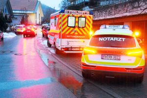Mehrere Polizeifahrzeuge, zwei Rettungswagen und der Notarzt waren am Sonntag in der Mozartstraße in Tennenbronn im Einsatz. Foto: Ziechaus