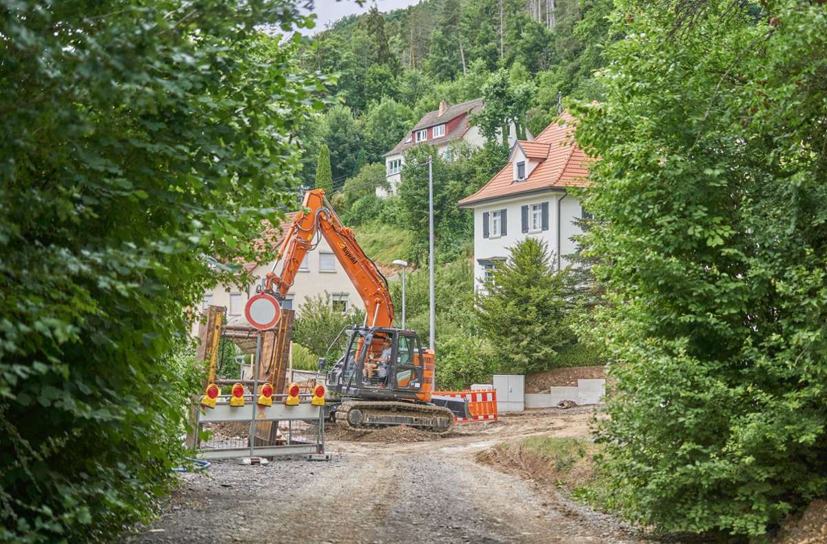 Die Bauarbeiten auf der Panoramastraße. Rechts geht es hoch Richtung Pilgerweg. Dort wohnen die Poppitz’.