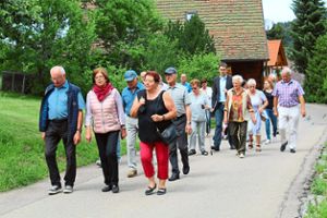 Bürgermeister Heiko Lebherz (hinten, Mitte) informiert beim Spaziergang durch die Gemeinde die interessierten Bürger darüber,  was in den vergangenen acht Jahren geleistet worden ist und welche Projekte in den kommenden Jahren anstehen. Foto: Dillmann