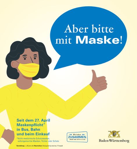 Aber bitte mit Maske!: Ladenbesitzer können sich dieses Plakat im Internet herunterladen. Foto: Land Baden-Württemberg