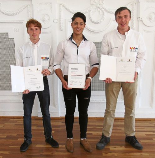 Jason Boxheimer, Nawid Kakah und Marcel Langer (von links) erhalten in Stuttgart Landespreise.  Foto: Schule Foto: Schwarzwälder Bote