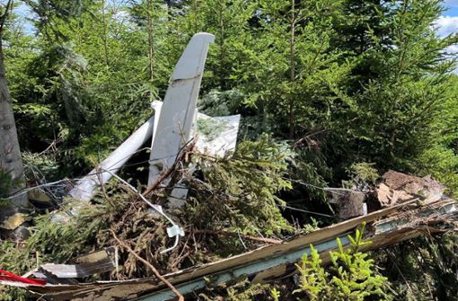 Das völlig zerstörte Wrack des Kleinflugzeugs an seiner Absturzstelle im Wald bei Mönchweiler Foto: Polizeipräsidium Konstanz