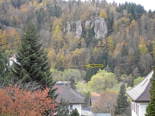 Aufnahme vom 9. November:  Der  Luftballon markiert laut der Initiative Befürworter die von der Bürgerinitiative Schweizer Wiese erwartete Höhe der Hotels, dahinter ist die Straße Unter den Felsen zu erkennen. Foto: Initiative Befürworter