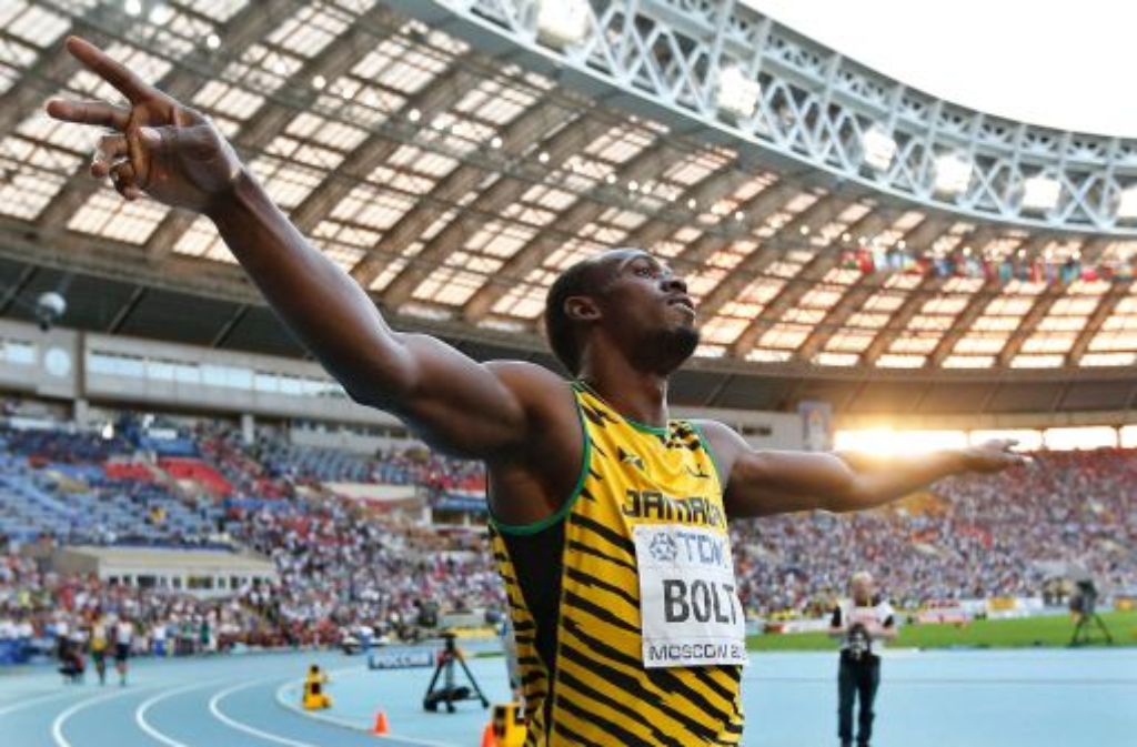 Nur ein Sieg fehlt Usain Bolt jetzt noch, um der erfolgreichste Leichtathlet der WM-Geschichte zu sein. Der 200-Meter-Erfolg am Samstag war bereits sein zweiter Titel bei den Weltmeisterschaften in Moskau und sein siebtes WM-Gold insgesamt. Foto: dpa