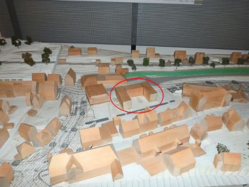 Das Modell zum städtebaulichen Entwurf von 2001 ist im Gang des Oberndorfer Rathauses zu sehen. Den Bereich des  geplanten Bauvorhabens auf dem Wöhrd  haben wir mit einer Ellipse kenntlich gemacht.  Foto: Danner Foto: Schwarzwälder Bote